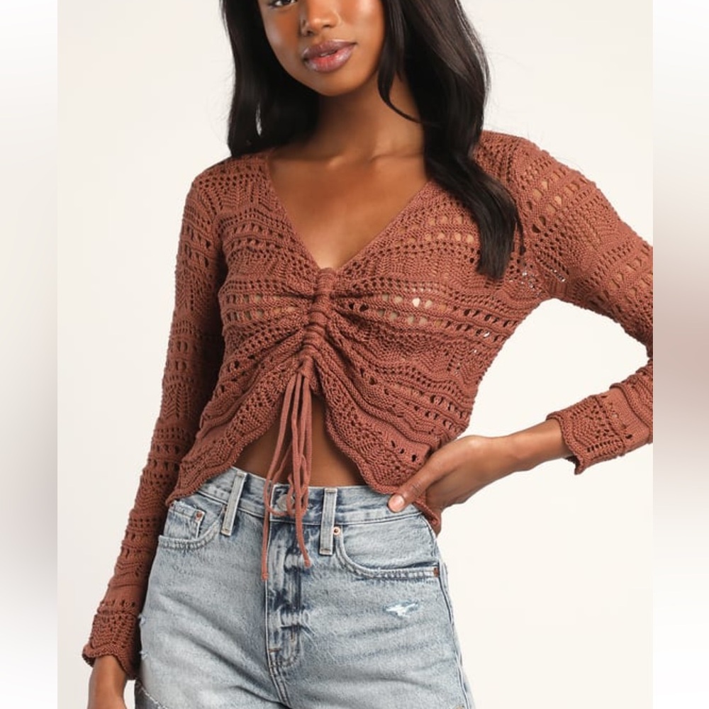 Lulus Only Yours Washed Burgundy Sheer Crochet Ruched Sweater Top
